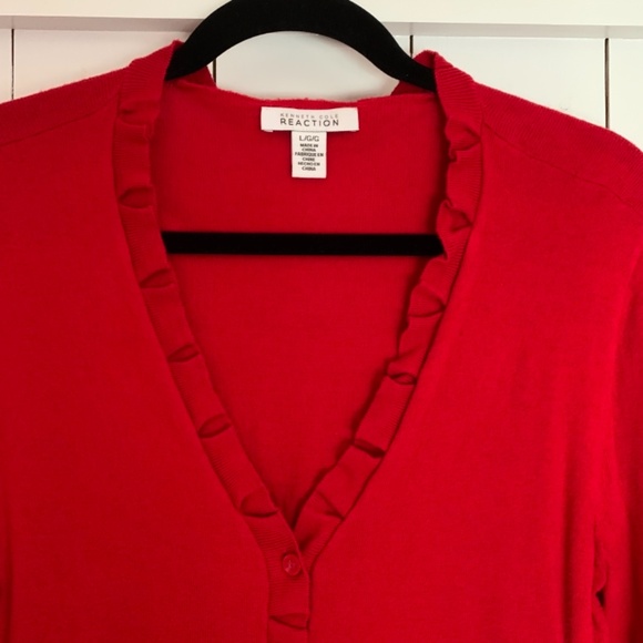 Button Down V-Neck Cardigan Sweater Red Ruffle Church Librarian Academia Style - Picture 3 of 8